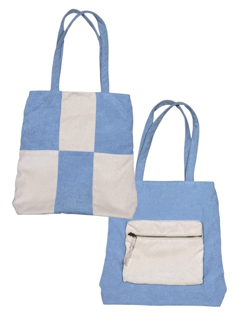 Retro style corduroy patch cornflower blue and cream tote handbag